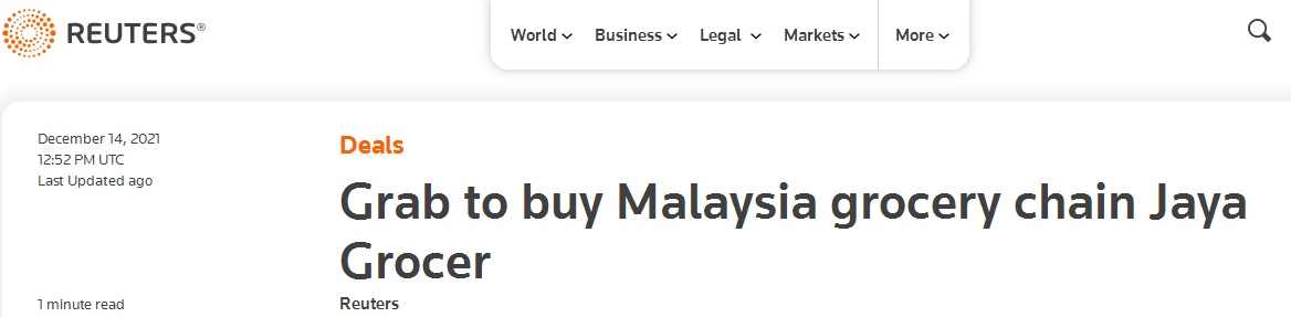Grab收购马来西亚杂货连锁超市Jaya Grocer