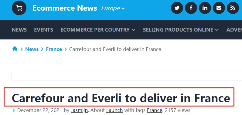 家乐福宣布与在线杂货平台Everli合作，将实现全国发货